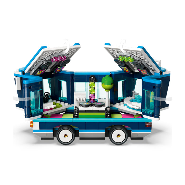 Colorful LEGO DJ van toy with open roof and detailed interior, displayed on white background