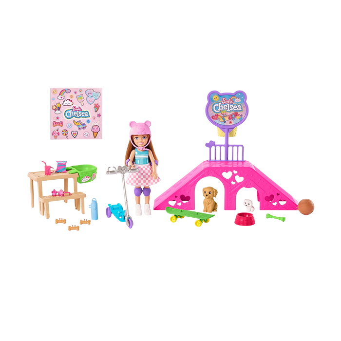Chelsea Doll And Accessories, Skatepark Playset With 2 Puppies And 15+ Pieces - HJY35 DOLLS & PLAYSETS by BARBIE at Sundora