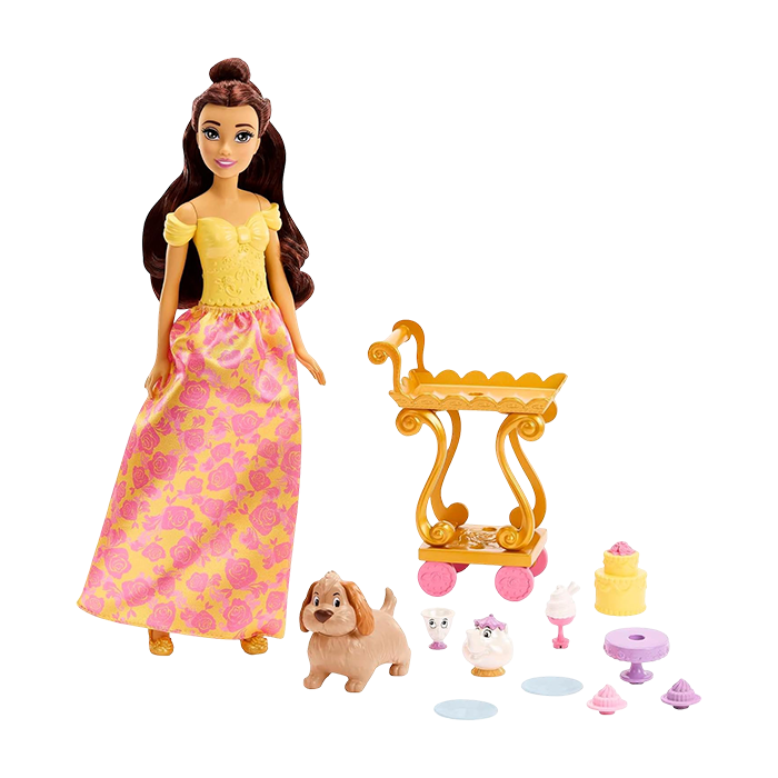 Belle Doll with Shiny Clothing, Tea Cart, Friends and Food Pieces, Teatime Cart Playset PRINCESS DOLLS by DISNEY PRINCESS at Sundora