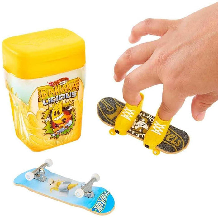 SKATE BANANA LICIOUS FLAVOR CONTAINER WITH 2 FINGERBOARDS AND 1 PAIR OF REMOVABLE SKATE SHOES FINGERBOARD TOY SET by HOT WHEELS at Sundora