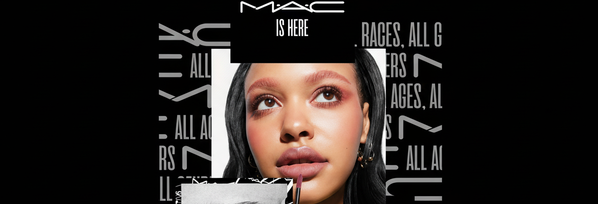 Woman with bold makeup and pink eyeshadow, MAC cosmetics branding above, black background.