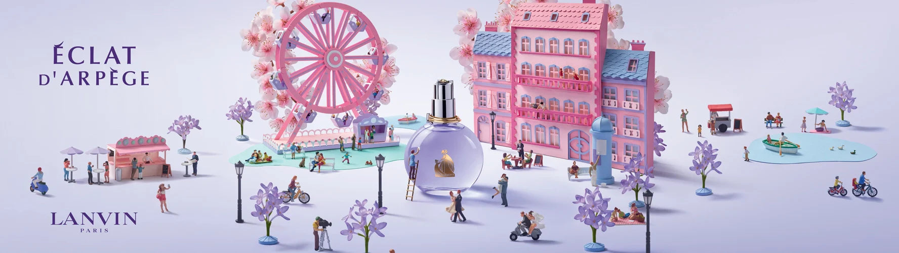 Woman in denim jacket and tulle skirt next to Lanvin perfume bottle with modern princess text.