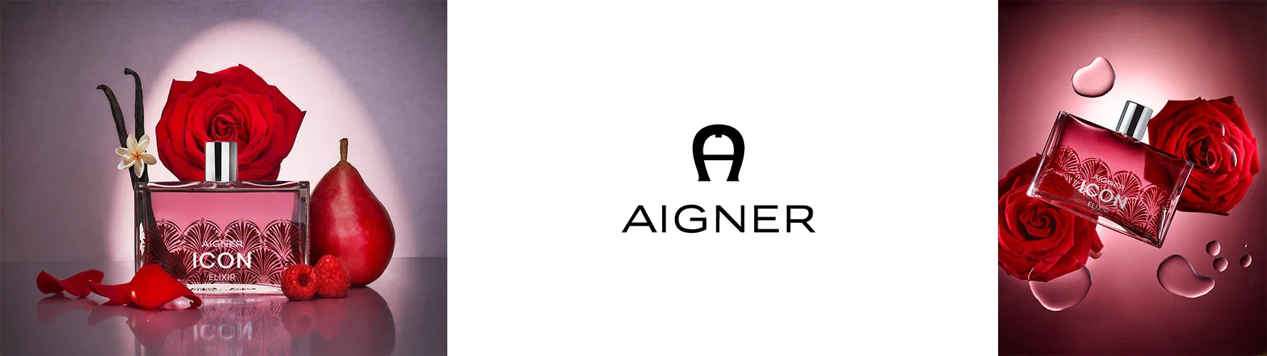 Five Aigner It's Me perfume bottles with colorful caps, fruits, and flowers arranged around them.
