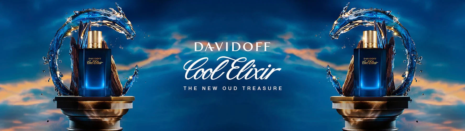 Davidoff Cool Elixir perfume bottle with splashing water and wood, luxury fragrance banner