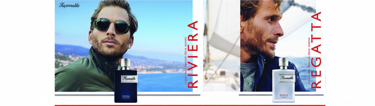 Man wearing sunglasses by the sea with Façonnable Riviera and Regatta fragrances, luxury perfumes for men