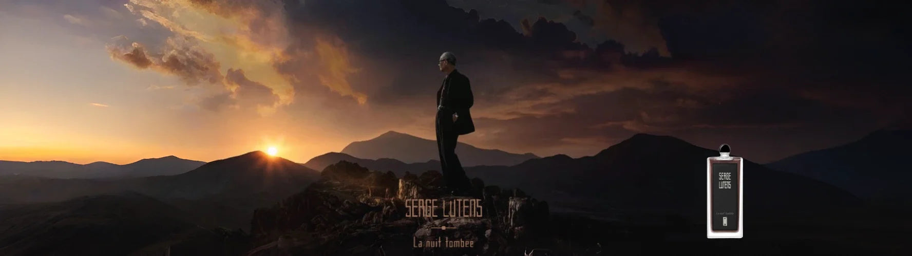 Black and white Serge Lutens Le Perce-Vent perfume banner with elegant figure and starburst effects