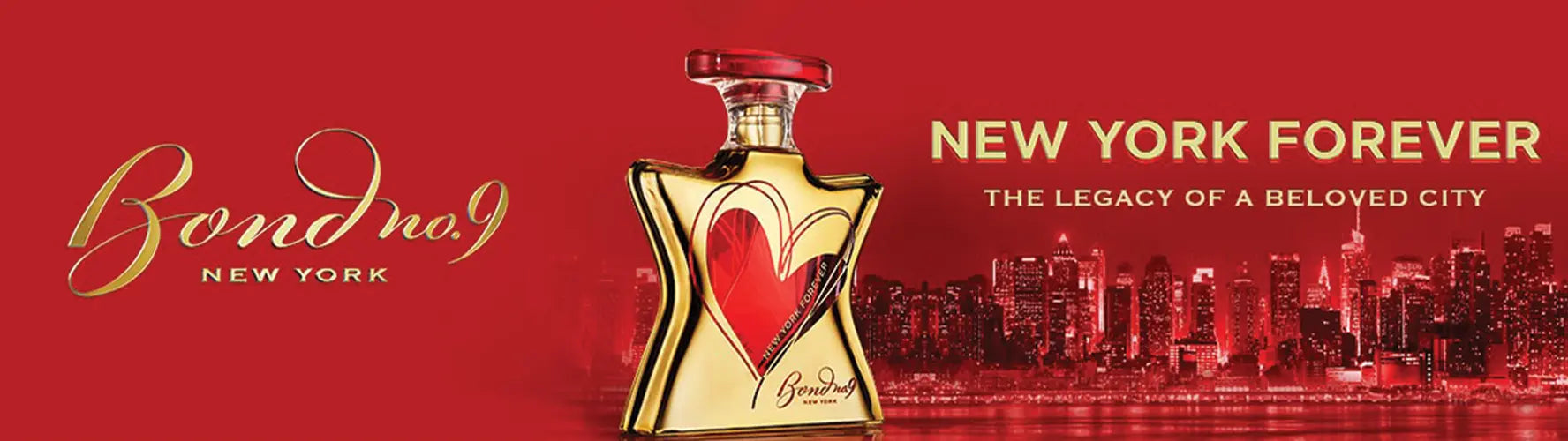 Gold perfume bottle with red heart design, New York skyline, and Bond No. 9 branding on red background.