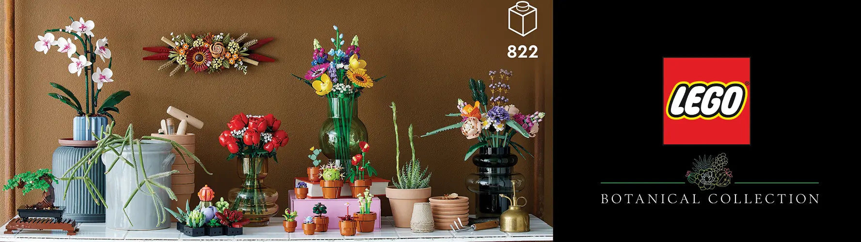 LEGO Botanical Collection sets displayed as colorful flower bouquets and plants on a table