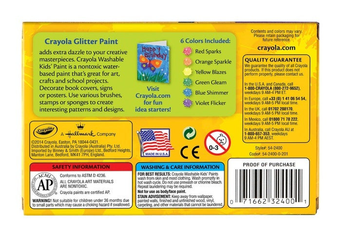 Washable Project Paint Glitter 6 Colors STATIONERY by CRAYOLA at Sundora