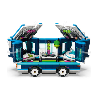 Colorful LEGO DJ van toy with open roof and detailed interior, displayed on white background