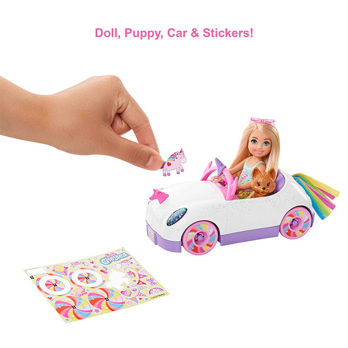 Club Chelsea Doll (6-Inch Blonde) With Open-Top Unicorn Car &amp; Sticker Sheet - GXT41 DOLLS &amp; PLAYSETS by BARBIE at Sundora