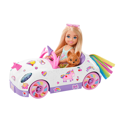 Club Chelsea Doll (6-Inch Blonde) With Open-Top Unicorn Car &amp; Sticker Sheet - GXT41 DOLLS &amp; PLAYSETS by BARBIE at Sundora