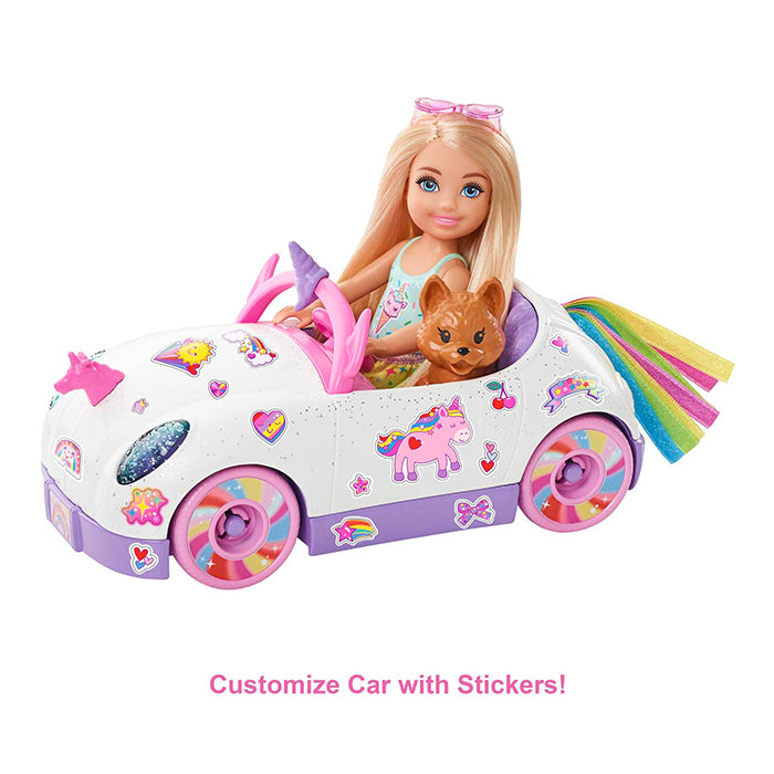 Club Chelsea Doll (6-Inch Blonde) With Open-Top Unicorn Car &amp; Sticker Sheet - GXT41 DOLLS &amp; PLAYSETS by BARBIE at Sundora