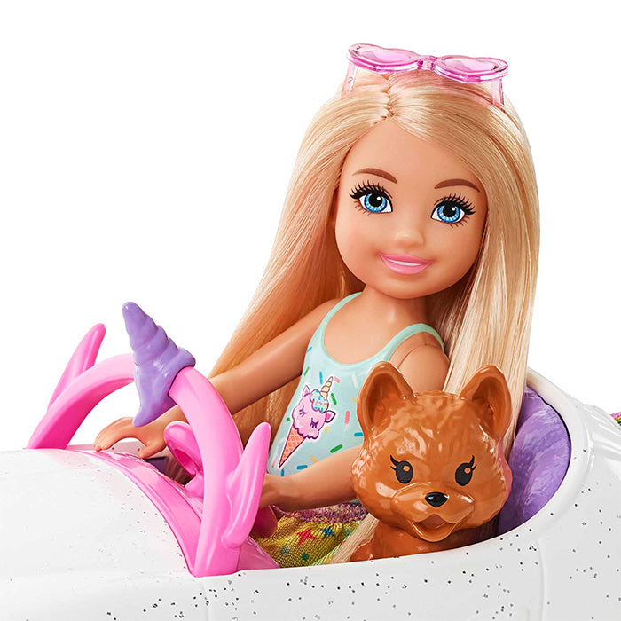 Club Chelsea Doll (6-Inch Blonde) With Open-Top Unicorn Car &amp; Sticker Sheet - GXT41 DOLLS &amp; PLAYSETS by BARBIE at Sundora