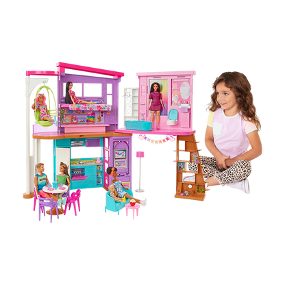 VACATION HOUSE 42" DOLLHOUSE PLAYSET WITH 2 LEVELS, 6 ROOMS, ELEVATOR SWING &amp; 30+ PIECES DOLLS by BARBIE at Sundora