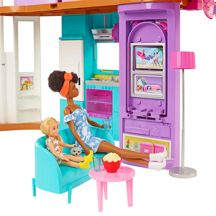 VACATION HOUSE 42" DOLLHOUSE PLAYSET WITH 2 LEVELS, 6 ROOMS, ELEVATOR SWING &amp; 30+ PIECES DOLLS by BARBIE at Sundora