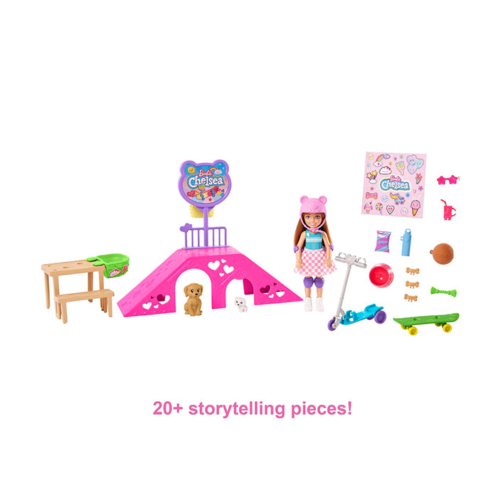 Chelsea Doll And Accessories, Skatepark Playset With 2 Puppies And 15+ Pieces - HJY35 DOLLS &amp; PLAYSETS by BARBIE at Sundora