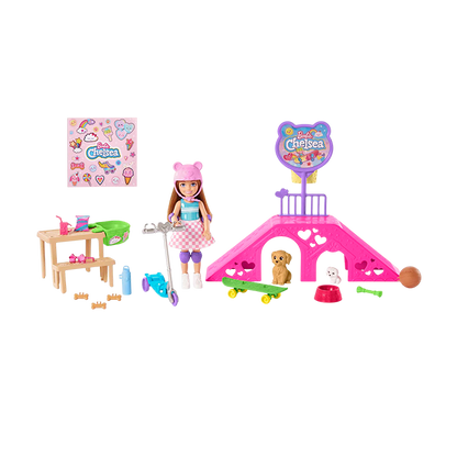 Chelsea Doll And Accessories, Skatepark Playset With 2 Puppies And 15+ Pieces - HJY35 DOLLS &amp; PLAYSETS by BARBIE at Sundora
