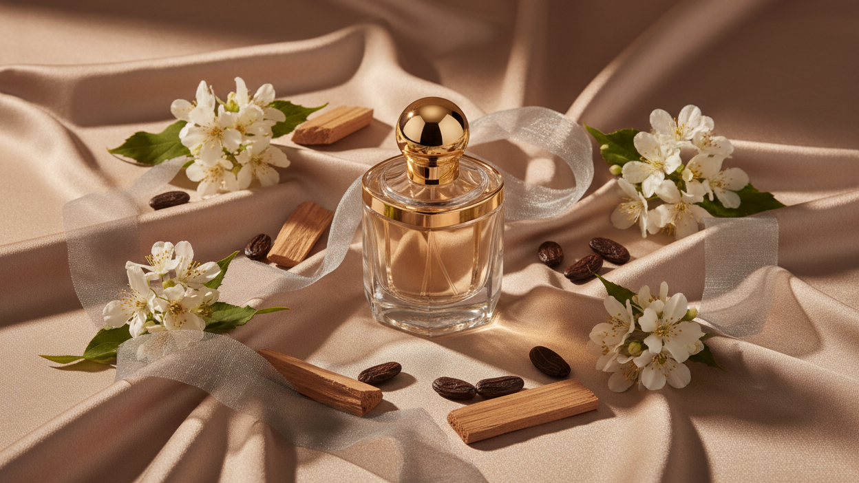 A luxurious perfume bottle placed on soft beige satin fabric, surrounded by white musk flowers, tonka beans, sandalwood pieces, and light grey fabric accents. Warm, soft lighting with gentle shadows, creating an elegant, sensual, and sophisticated atmosphere. Minimal composition, realistic texture, high-end studio photography.