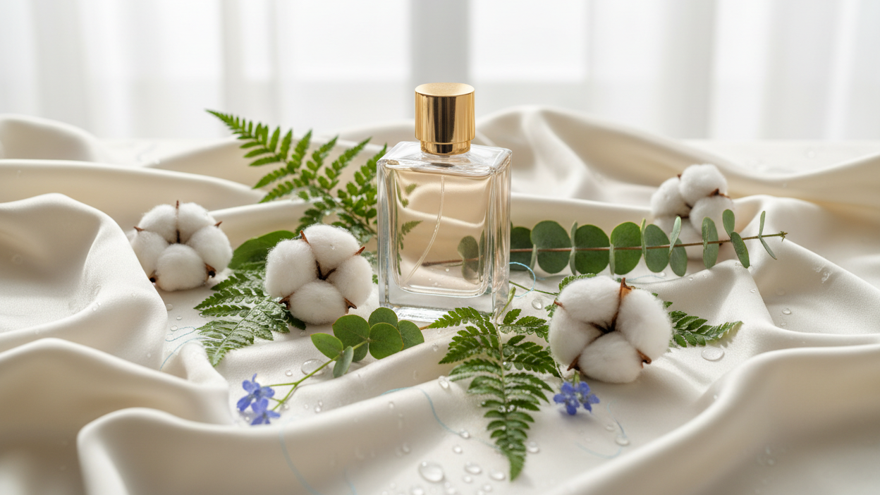 A luxurious perfume bottle placed on soft ivory satin fabric, surrounded by fresh green leaves, white cotton flowers, water drops, and light blue accents. The lighting is bright and natural with soft shadows, creating a clean, airy, and refreshing atmosphere. High-end studio photography, elegant composition, minimalist style, realistic texture.