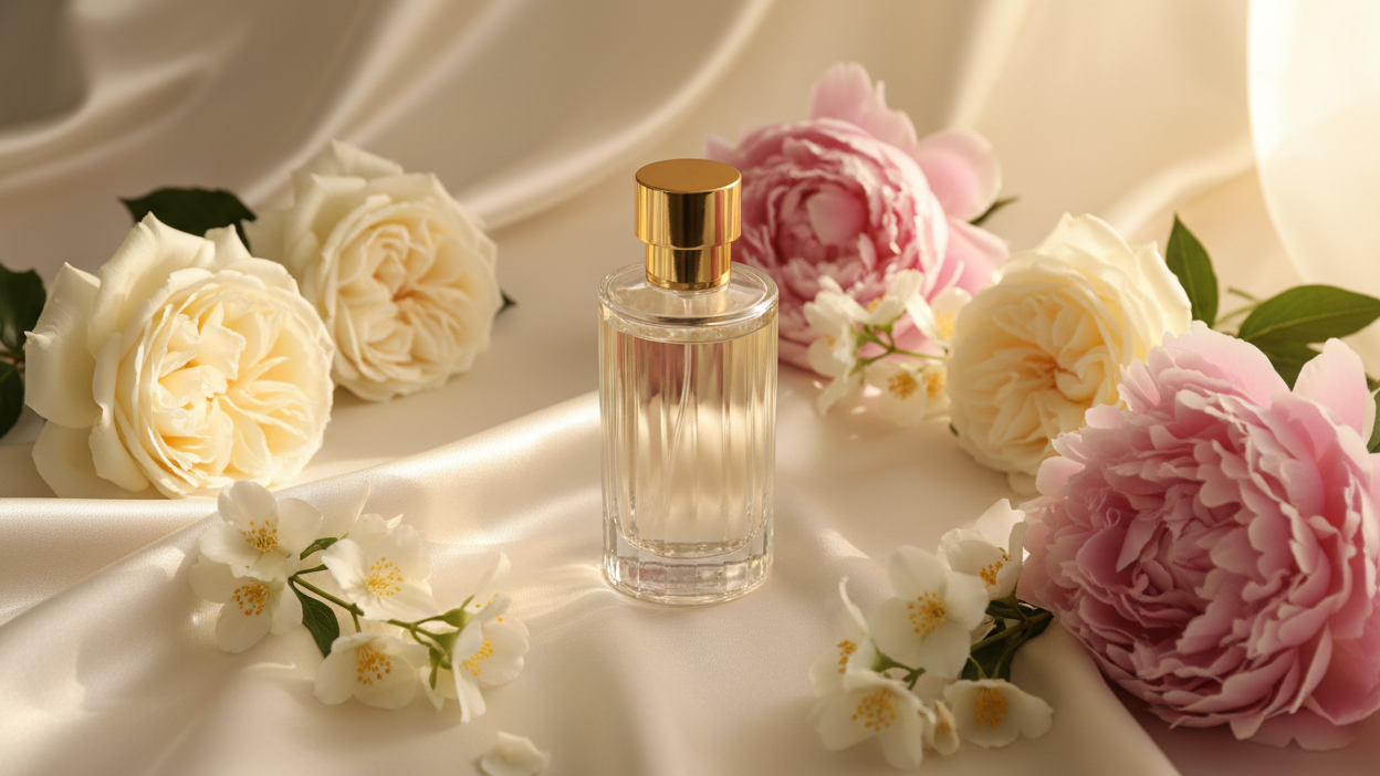 generate a floral perfume category image in landscape. A luxurious perfume bottle surrounded by blooming flowers like roses, jasmine, and peonies, placed on soft ivory satin fabric under warm sunlight. Elegant, minimal composition, high-end beauty product aesthetic, realistic photography style. image shouldn&