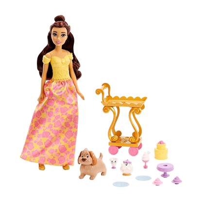 Belle Doll with Shiny Clothing, Tea Cart, Friends and Food Pieces, Teatime Cart Playset PRINCESS DOLLS by DISNEY PRINCESS at Sundora