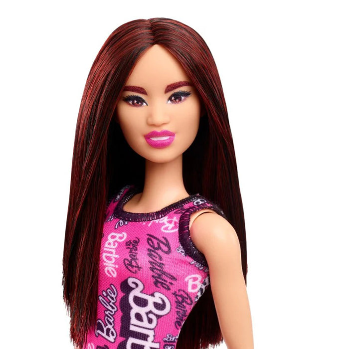 Fashion Doll with Straight Black Hair Wearing Removable Pink Dress with Print &amp; Shoes DOLLS by BARBIE at Sundora