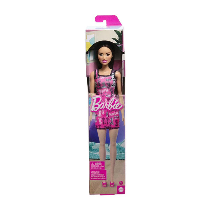 Fashion Doll with Straight Black Hair Wearing Removable Pink Dress with Print &amp; Shoes DOLLS by BARBIE at Sundora