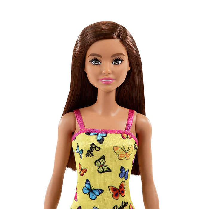 Barbie with Colorful Butterfly and Barbie Print Yellow Dress &amp; Strappy Heels DOLLS by BARBIE at Sundora