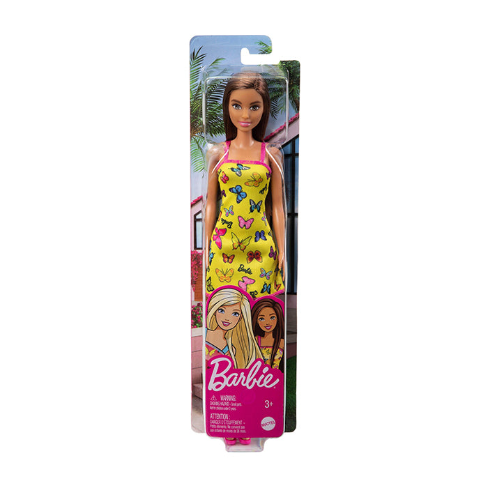 Barbie with Colorful Butterfly and Barbie Print Yellow Dress &amp; Strappy Heels DOLLS by BARBIE at Sundora