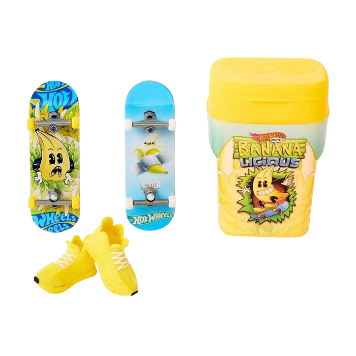 SKATE BANANA LICIOUS FLAVOR CONTAINER WITH 2 FINGERBOARDS AND 1 PAIR OF REMOVABLE SKATE SHOES FINGERBOARD TOY SET by HOT WHEELS at Sundora